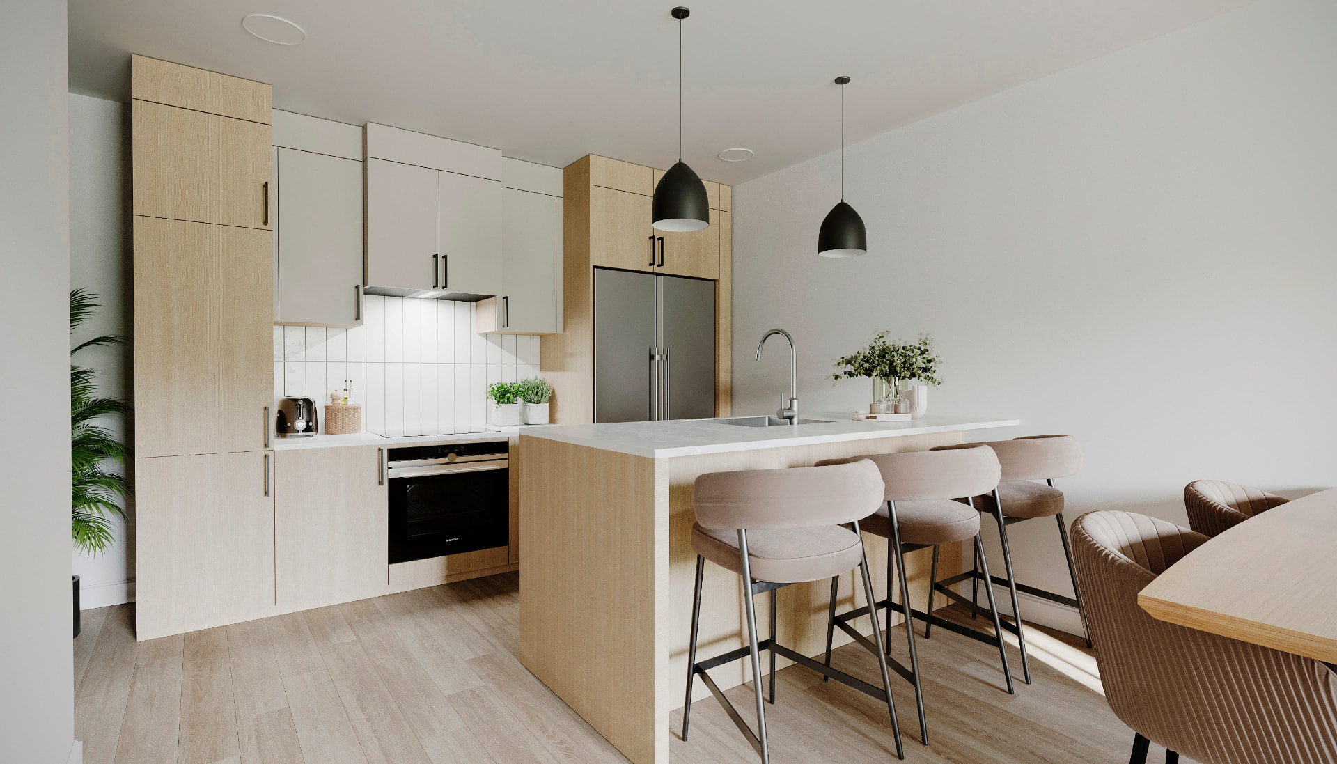 Cuisine moderne avec îlot et comptoirs de quartz